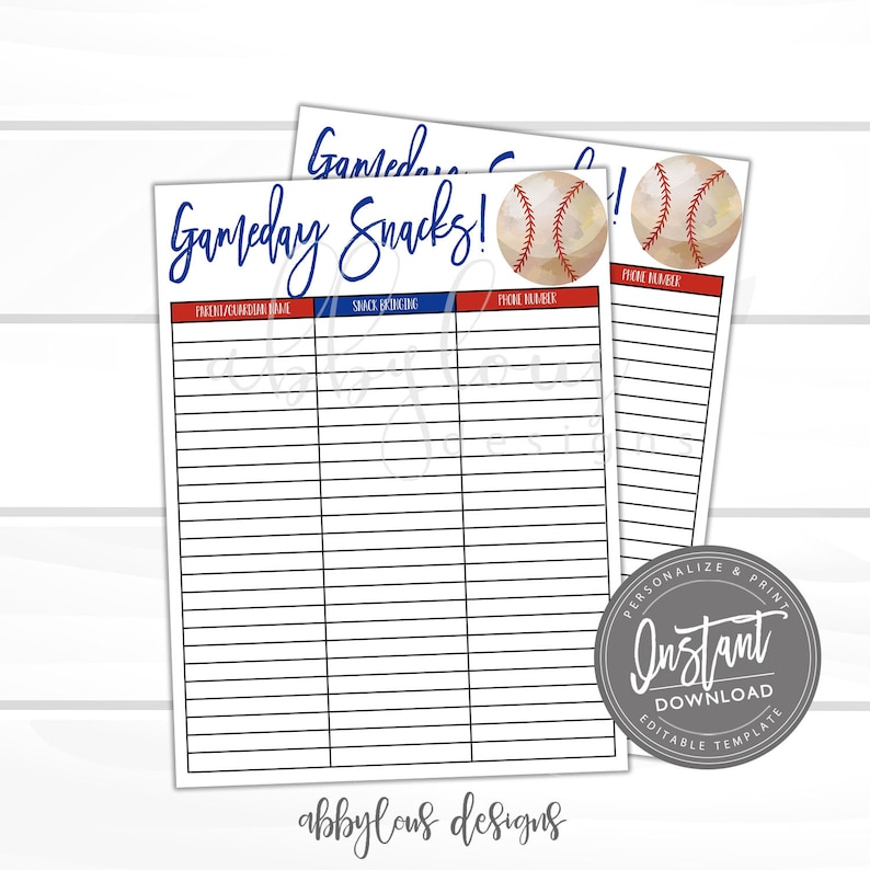 Baseball Snack Schedule Template Free