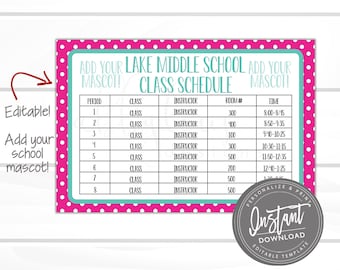 EDITABLE Class Schedule Printable, Pink Dots, Back to School, High School, College Schedule, Any Grade, Editable File, Digital Template,
