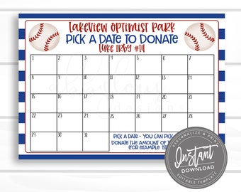 EDITABLE Baseball Pick a Date to Donate Printable, Baseball Fundraiser, Fundraiser, Editable Calendar, Editable File, Digital Template,