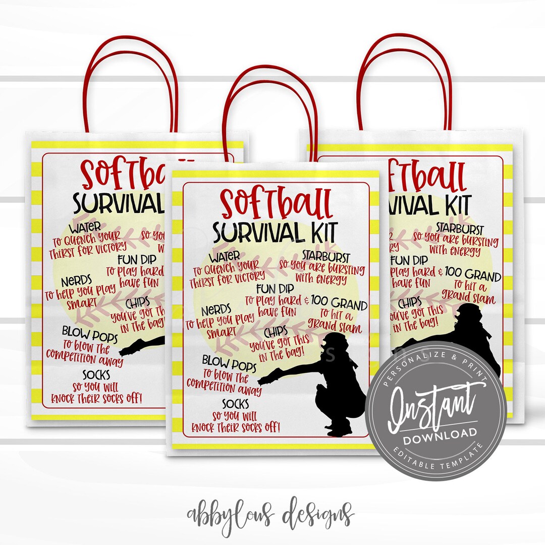 EDITABLE Softball Survival Kit Printable, Gift Bag Printable, Printable