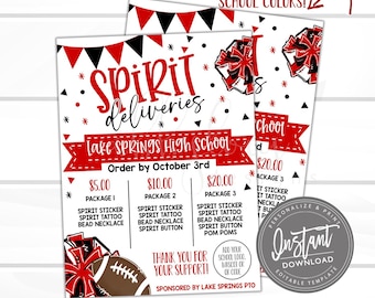 May include: A flyer with a red, black, and white theme, advertising "Spirit Deliveries" for Lake Springs High School. The flyer includes package options, a football graphic, and the text "Order by October 3rd."
