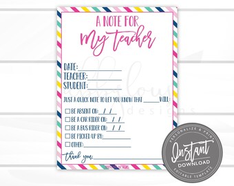 EDITABLE Note for the Teacher Printable, Teacher Notes, Teacher information, Note From Home, Any Class, Editable File, Digital Template,