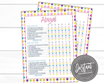May include: A printable chore chart for kids with a colorful polka dot background. The chart is titled "Abigail" and lists daily chores for "When I Wake Up", "When I Get Home", and "When I Get Ready for Bed".