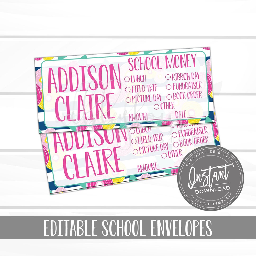 EDITABLE School Envelopes, Lunch Money, Floral School Envelopes