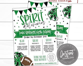 May include: Two flyers with a green and black theme promoting "Spirit Deliveries" for Lake Springs High School. The flyers list package options with prices and include text such as "Order by October 3rd" and "Thank you for your support!"