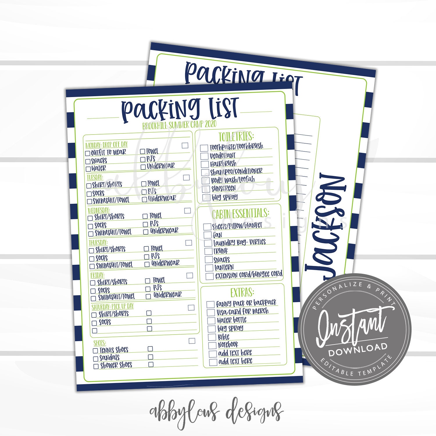 Editierbare Checkliste zum Verpacken von Sommercamps, personalisierte Sommer Camp Liste, Vorlage für Sommerlager, Sofort-ZUGRIFF