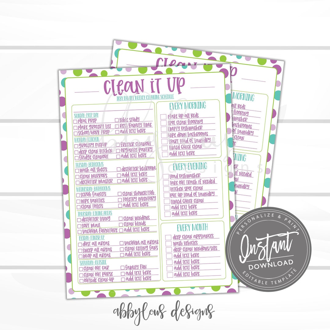 EDITABLE Weekly Cleaning Checklist Schedule, Printable Cleaning List ...