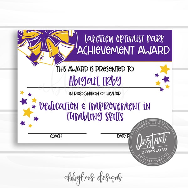 EDITABLE Cheer Award Certificate Printable, Cheerleader Award, Cheerleader Achievement, Editable Award, Editable File, Digital Template,