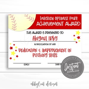 EDITABLE Softball Award Certificate Printable, Softball Award, Softball Achievement, Editable Awards, Editable File, Digital Template,