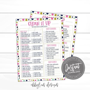 Puede incluir: Una lista de verificación imprimible con un fondo de lunares rosa, dorado y azul. La lista de verificación se titula "Clean It Up" e incluye tareas de limpieza diarias, semanales y mensuales. El texto "Descarga instantánea Plantilla editable" está en un círculo con un fondo rosa y dorado.