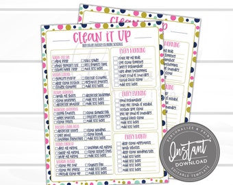 Editierbare Checkliste zum Ausdrucken, Personalisierte Wöchentliche Reinigung Agenda, Spring Clean it Up Chore Chart Vorlage, SOFORTIGER ZUGRIFF