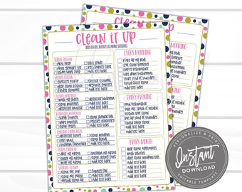 EDITABLE Printable Cleaning Checklist Schedule, Personalized Weekly Cleaning Agenda, Spring Clean it Up Chore Chart Template, INSTANT ACCESS