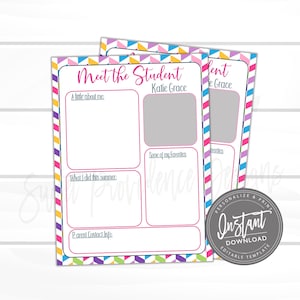 EDITABLE Meet the Student Printable, Abstract Rainbow Student Information Newsletter, Back to School, Editable File, Digital Template,