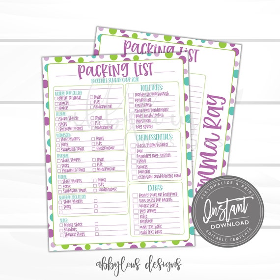 EDITABLE Summer Camp Packing Checklist Personalized Summer