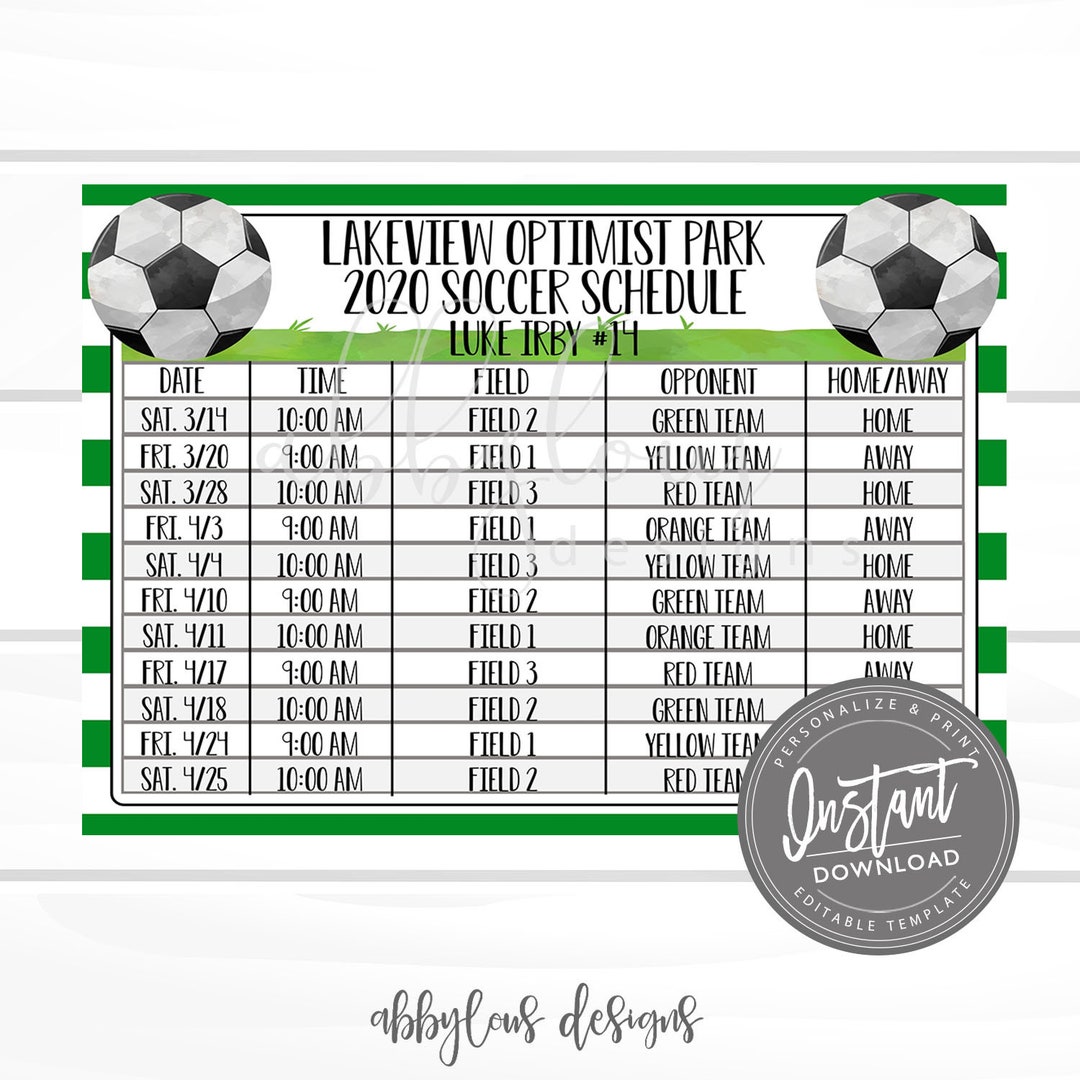 EDITABLE Soccer Game Schedule Printable Practice Schedule Summer Ball Schedule Editable Schedule