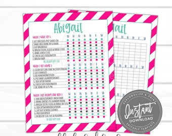 Pode incluir: Um quadro de tarefas imprimível para crianças com fundo listrado rosa e branco. O quadro é intitulado "Abigail" e inclui uma programação diária para acordar, voltar para casa e se preparar para dormir. O quadro tem uma grade com os dias da semana e caixas de seleção para cada tarefa.