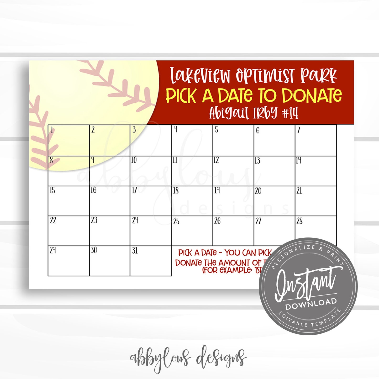 EDITABLE Softball Fundraiser Calendar Pick A Date To Donate Etsy