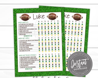 May include: A printable chore chart for children featuring a football theme. The chart is green and yellow with a football graphic and the name "Luke". The chart includes a list of daily chores for the week, including getting dressed, making the bed, brushing teeth, and doing homework.