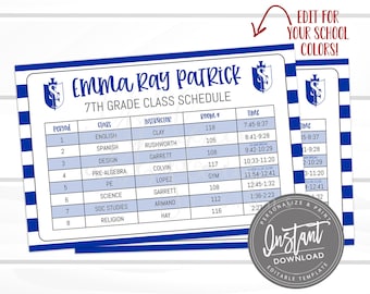 EDITABLE Class Schedule Printable, School Schedule, High School, College Schedule, School Logo, Editable File, Digital Template, EDIT NOW