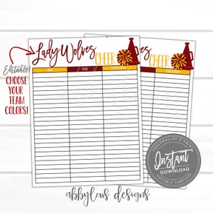 May include: Editable cheer roster printable with a red and yellow colour scheme. The text says "Lady Wolves Cheer".