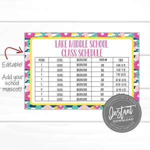 May include: Editable printable classroom schedule template with a floral design. The schedule includes columns for period, class, instructor, room number, and time. The text "Lake Middle School Class Schedule" is at the top of the page.
