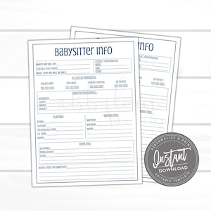 EDITABLE Babysitter Information Printable, Babysitter Info, Editable Information, Info Sheet, Any Age, Editable File, Digital Template,