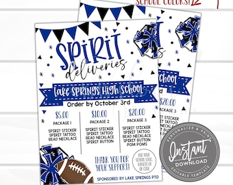 May include: A flyer with a blue and white design, advertising "Spirit Deliveries" for Lake Springs High School. The flyer includes package options with spirit stickers, tattoos, bead necklaces, and pom poms. The text "Order by October 3rd" is also visible.