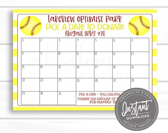 EDITABLE Softball Pick a Date to Donate Printable, Softball Fundraiser, Fundraiser, Editable Calendar, Editable File, Digital Template,