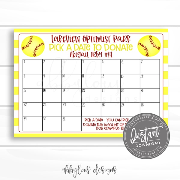 EDITABLE Softball Pick a Date to Donate Printable, Softball Fundraiser, Fundraiser, Editable Calendar, Editable File, Digital Template,