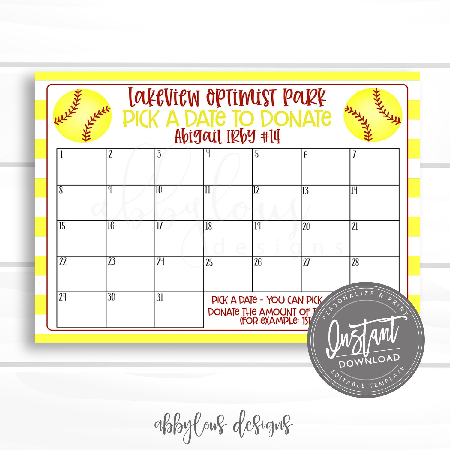 EDITABLE Softball Pick a Date to Donate Printable Softball Etsy