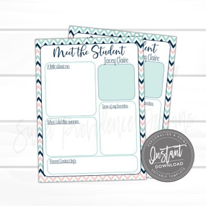 EDITABLE Meet the Student Printable, Nautical Chevron Student Information Newsletter, Back to School, Editable File, Digital Template,