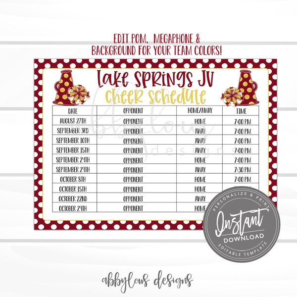 EDITABLE Cheer Schedule Printable, Practice Schedule, Printable Game Schedule, Editable Spirit Schedule, Editable File, Digital Template,