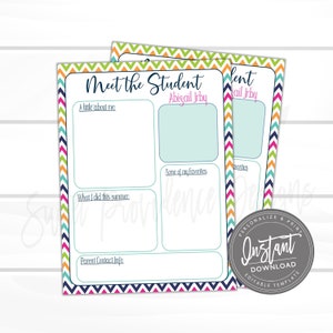 EDITABLE Meet the Student Printable, Bright Chevron Student Information Newsletter, Back to School, Editable File, Digital Template,