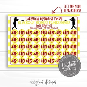 EDITABLE Softball Blackout Fundraiser Printable, Softball Fundraiser, Fundraiser, Editable Blackout Board, Editable File, Digital Template,