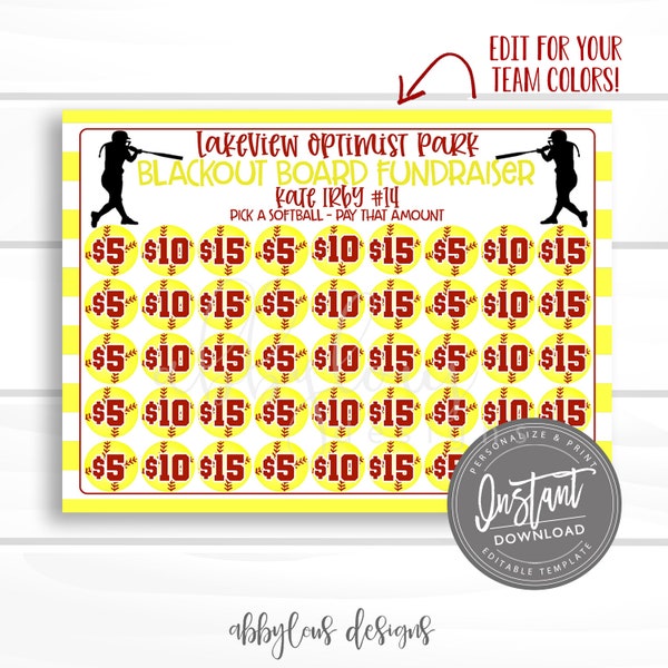 EDITABLE Softball Blackout Fundraiser Printable, Softball Fundraiser, Fundraiser, Editable Blackout Board, Editable File, Digital Template,