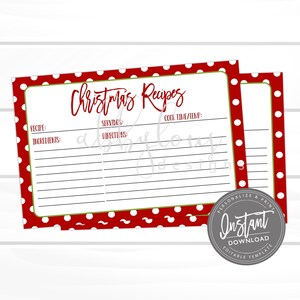 EDITABLE Christmas Recipe Card Printable, Christmas Recipes, Printable Recipe Card, Family Recipes, Editable File, Digital Template,
