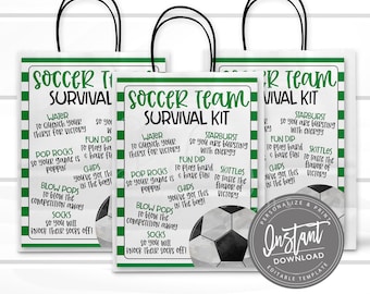 May include: Green and white soccer team survival kit printable party favor bags with a soccer ball graphic and text that reads "Soccer Team Survival Kit". The bag includes items like water, pop rocks, fun dip, chips, blow pops, and socks.