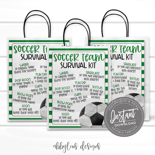 EDITABLE Soccer Team Survival Kit Printable, Gift Bag Printable, Printable Soccer Flyer, Team Gift Idea, Personalized Flyer, INSTANT ACCESS