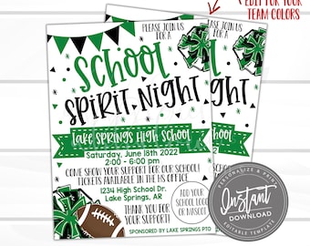 May include: Editable school spirit night flyer template with green and black colors. The flyer features a football, cheerleaders, and the text "School Spirit Night" with the date and time of the event. The flyer also includes the school name, address, and a message thanking attendees for their support.