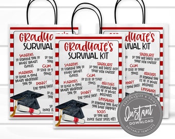 Kit de supervivencia de graduación EDITABLE imprimible, bolsa de regalo imprimible, folleto imprimible, idea de regalo de graduación, folleto de regalo personalizado, ACCESO INSTANTÁNEO