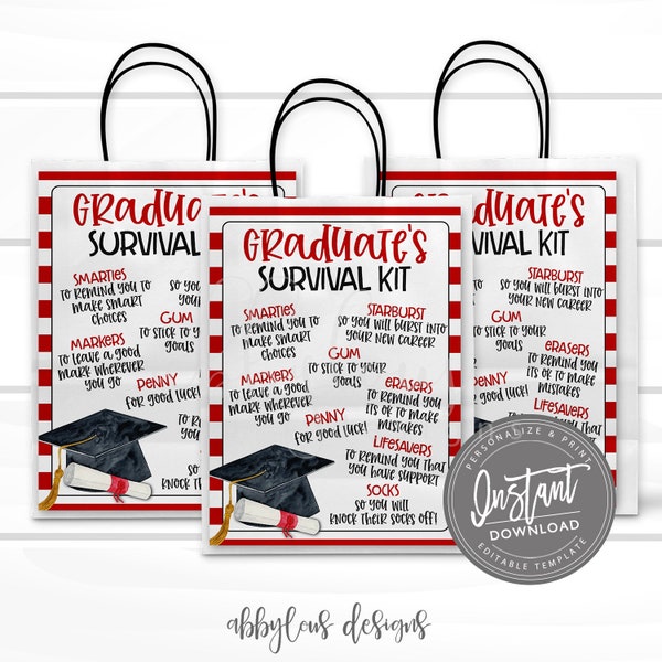 EDITABLE Graduation Survival Kit Printable, Gift Bag Printable, Printable Flyer, Graduate Gift Idea, Personalized Gift Flyer, INSTANT ACCESS