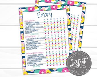 Pode incluir: Um quadro de tarefas imprimível para crianças com um design floral. O quadro é intitulado "Emory" e lista as tarefas diárias para se preparar pela manhã, voltar para casa da escola e se preparar para a cama. O quadro é codificado por cores com círculos rosa, amarelos, azuis e verdes.