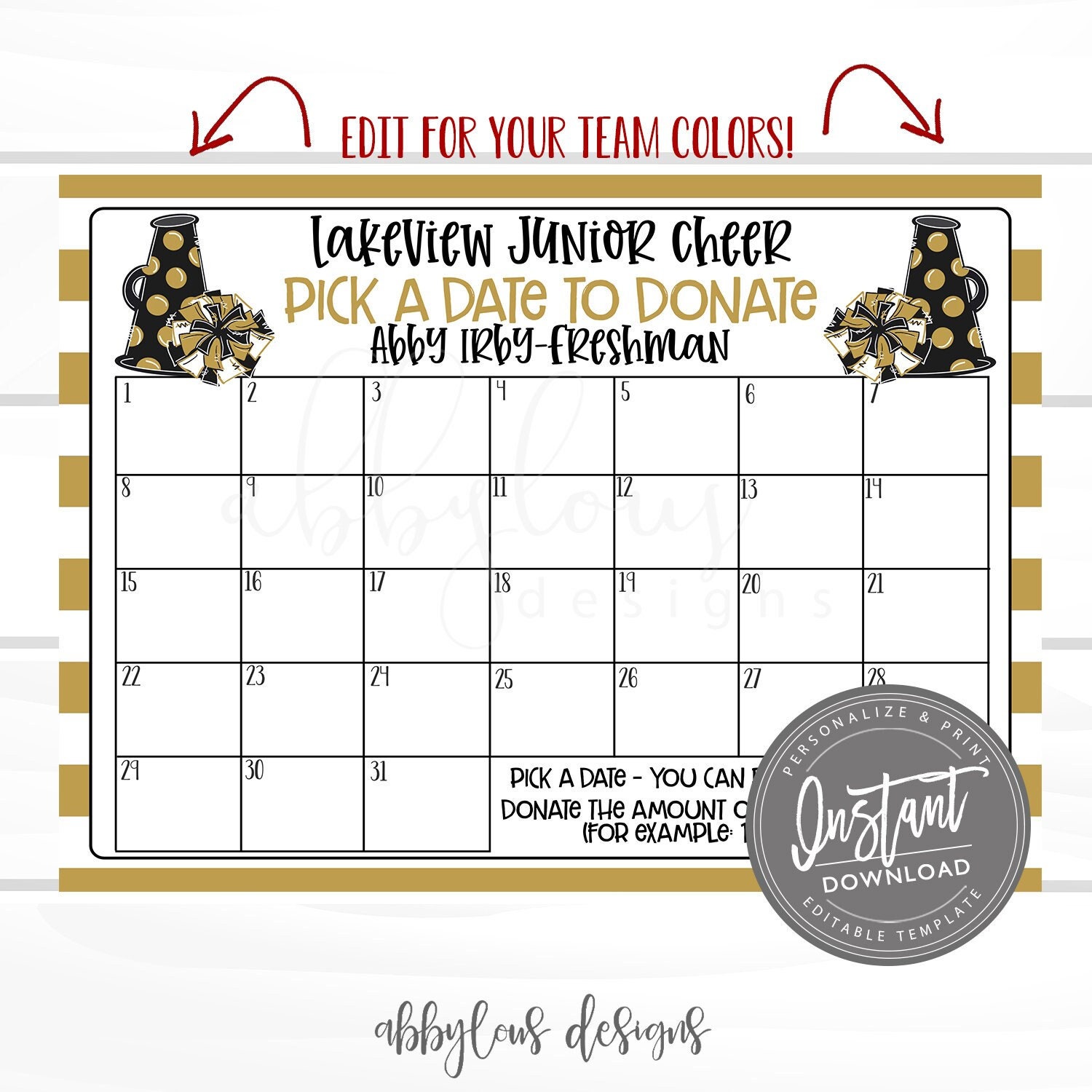 EDITABLE Cheer Pick a Date to Donate Printable, Cheerleader Fundraiser, Fundraiser, Editable Calendar, Editable File, Digital Template, - Etsy