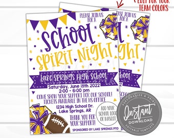 May include: Purple and gold school spirit night invitation with a football and cheerleading pom poms. The invitation includes the text "School Spirit Night" and "Lake Springs High School".