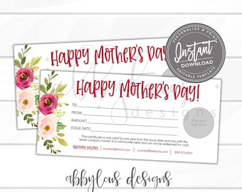 Printable Mother's Day Gift Certificate Template, Editable Mother's Day ...