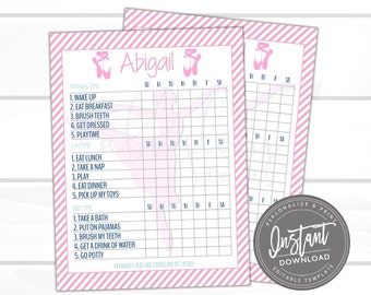 Pode incluir: Gráfico de tarefas imprimível rosa e branco com um gráfico de bailarina e o nome Abigail. O gráfico é dividido em três seções: Horário da manhã, Horário do dia e Horário de dormir. Cada seção lista cinco atividades com uma grade para marcar cada atividade para cada dia da semana.