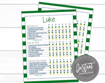 Pode incluir: Um quadro de tarefas imprimível para crianças com fundo listrado verde e branco. O quadro é intitulado "Luke" e inclui uma lista de tarefas diárias para a manhã, tarde e noite. O quadro é dividido em dias da semana, com caixas de seleção para cada tarefa.