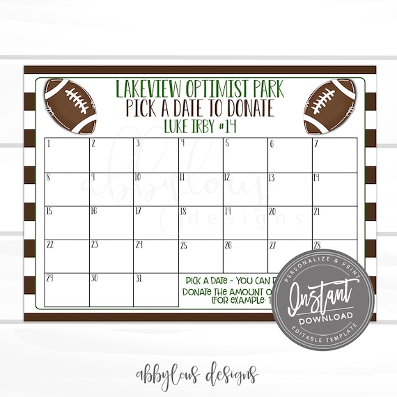 Editable Pick A Date To Donate Soccer Fundraiser Calendar 