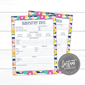 EDITABLE Babysitter Information Printable, Babysitter Info, Editable Information, Info Sheet, Any Age, Editable File, Digital Template,