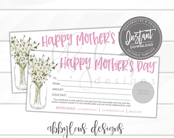 May include: Printable Happy Mother's Day gift certificate template with a floral design. The template includes fields for "To", "From", "Amount", and "Issue Date".